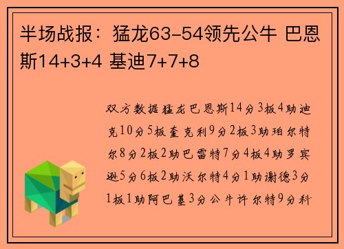 半场战报：猛龙63-54领先公牛 巴恩斯14+3+4 基迪7+7+8